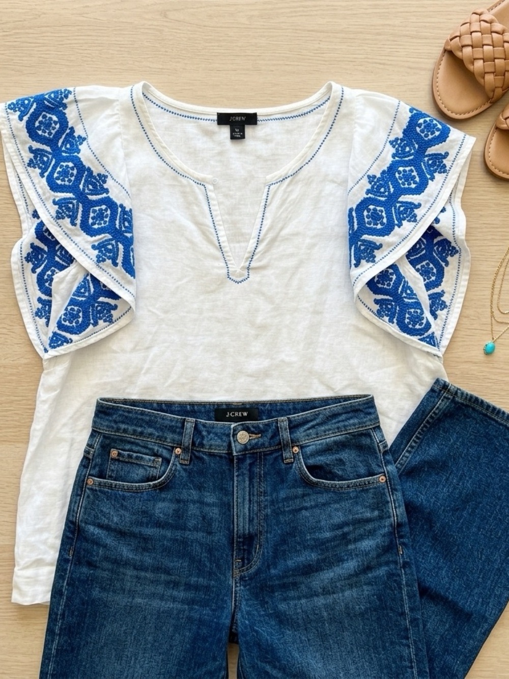 J. Crew White Tunic Top with Bright Blue Embroidered Sleeves